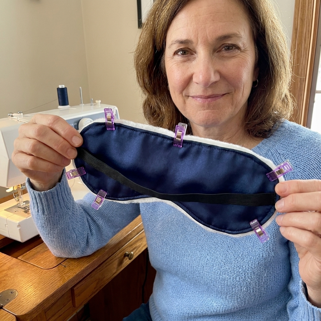 A sleep mask fabric sandwich clipped around the edges with a single elastic strip tucked inside and the elastic ends aligned at the side edges, ready to stitch