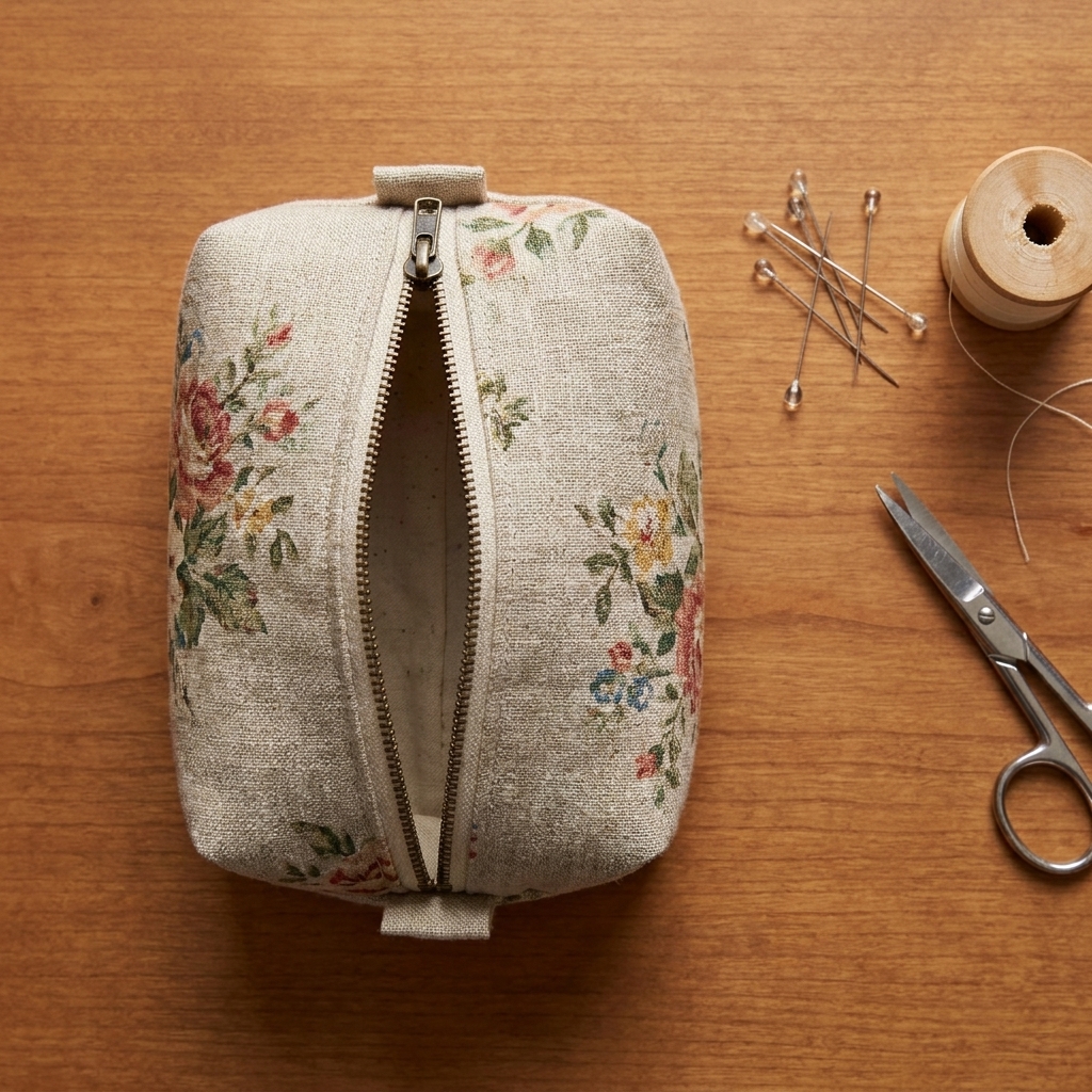A small fabric pouch lying flat with a centered zipper partially open, next to pins and thread on a sewing table