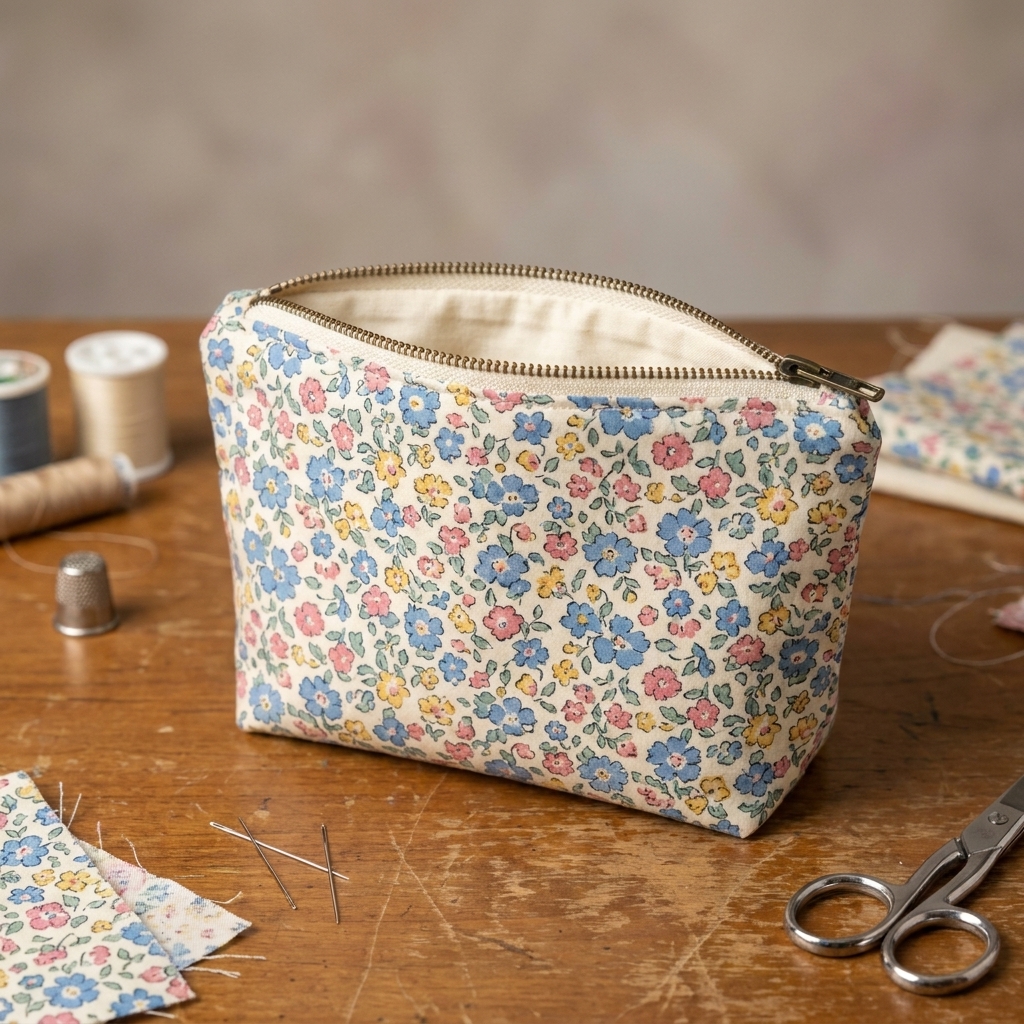 A small handmade zip pouch in floral cotton fabric with the zipper partially open, photographed on a sewing table