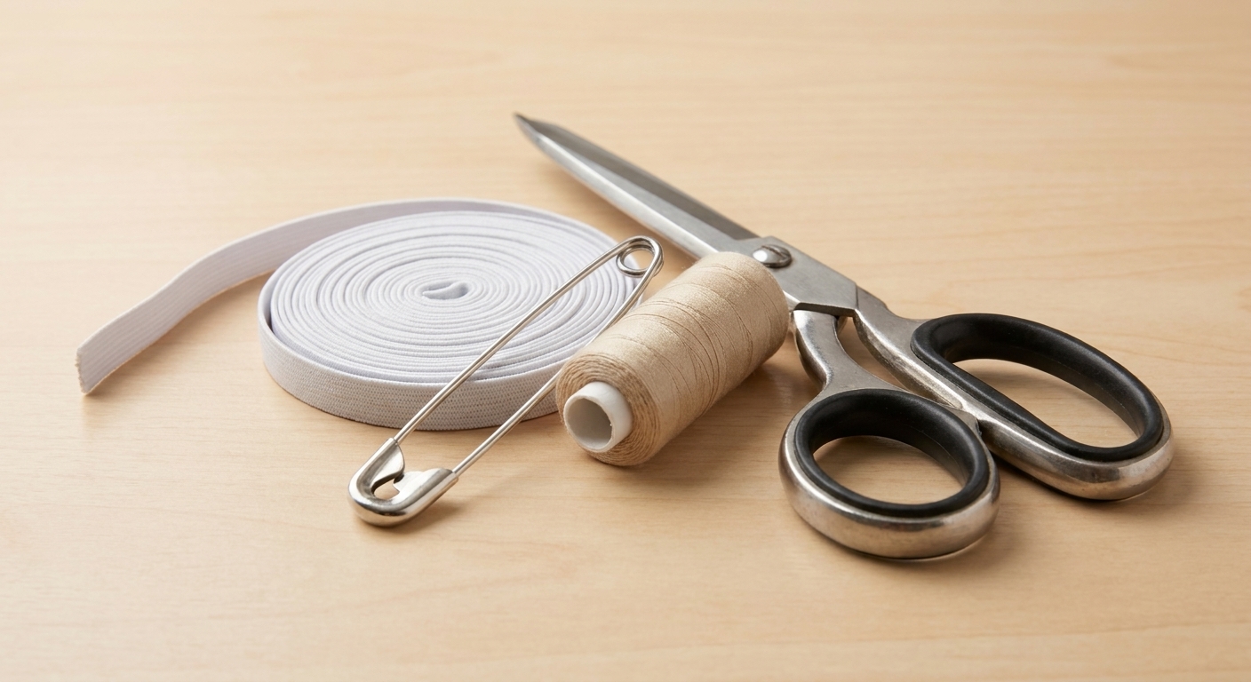 A small pile of sewing supplies including 1/4 inch elastic, a safety pin, matching thread, and fabric scissors laid out on a clean table