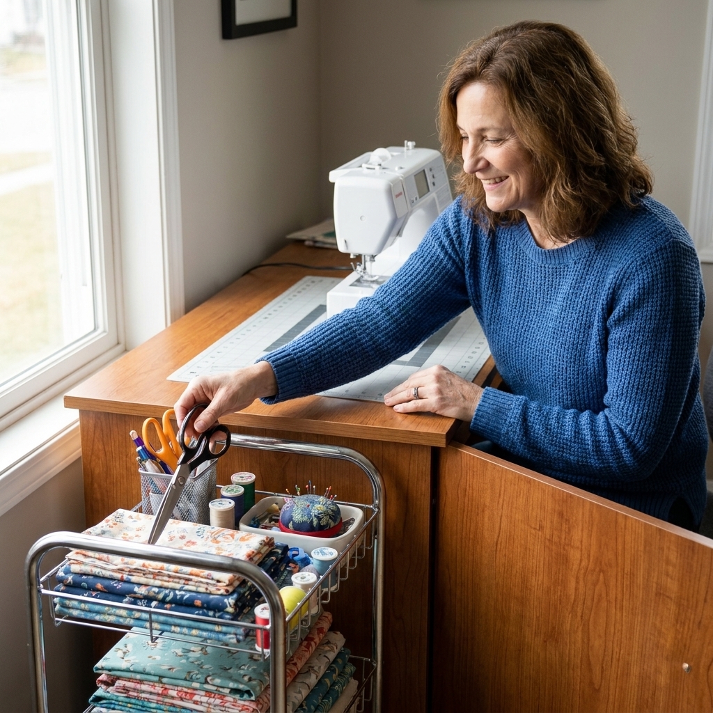 A small rolling cart positioned beside a sewing desk, holding fabric and tools within easy reach