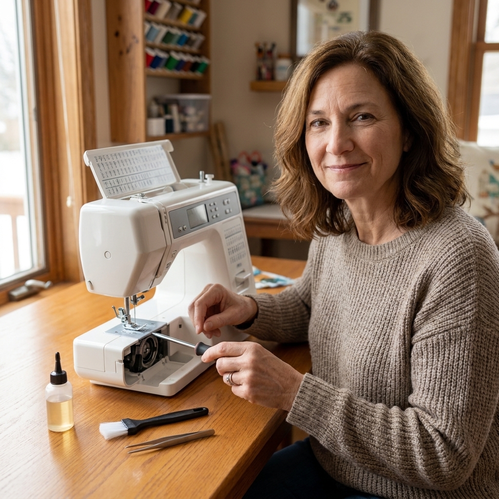 A small sewing machine maintenance setup on a wooden table with a nylon cleaning brush, tweezers, a small bottle of sewing machine oil, and a screwdriver next to a domestic sewing machine