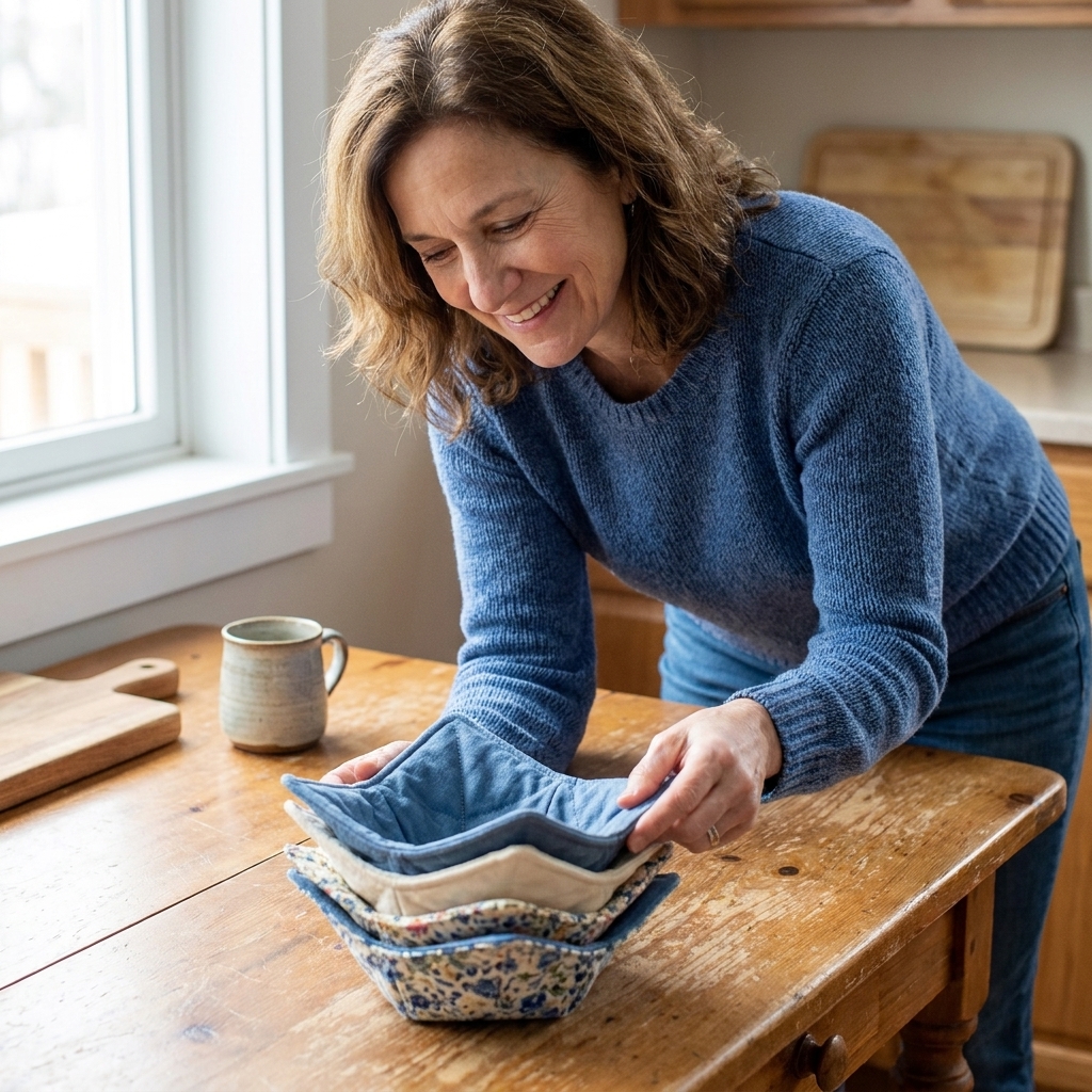 A small stack of handmade cotton bowl cozies in coordinating prints on a wooden kitchen table