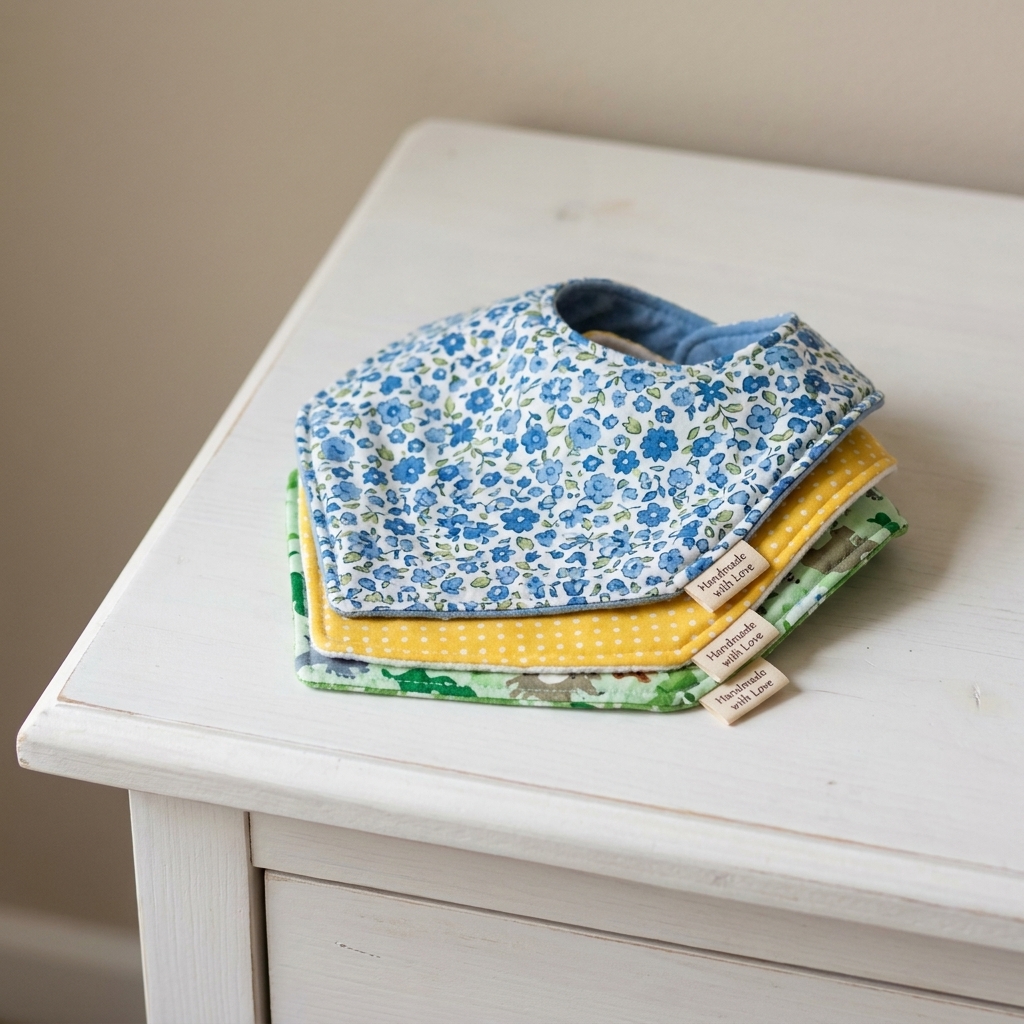 A small stack of three reversible handmade baby bibs in coordinating cotton prints folded neatly on a nursery dresser