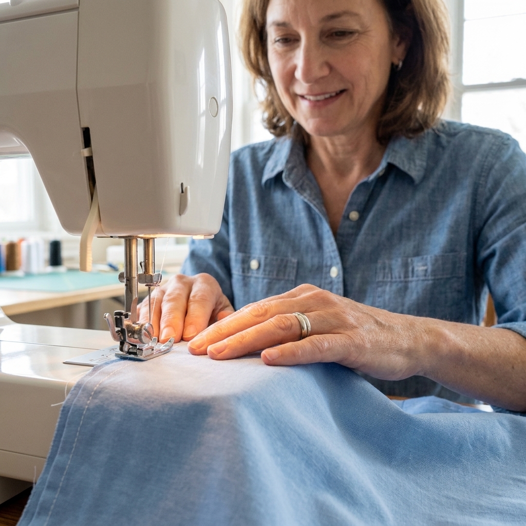A straight stitch seam being sewn on two layers of cotton fabric under a standard presser foot