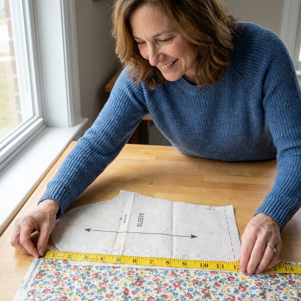 A tissue sewing pattern piece with a long grainline arrow laid on fabric with a measuring tape showing equal distances to the selvage