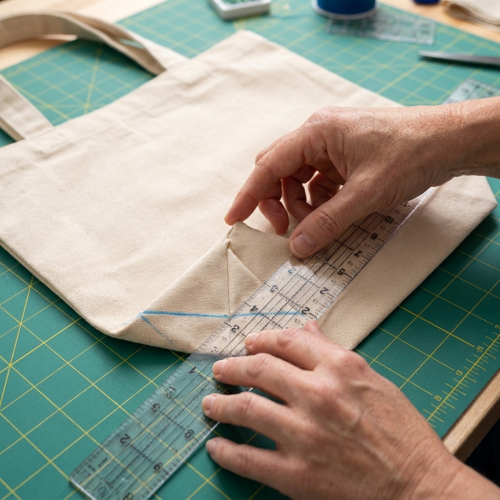 A tote bag corner flattened into a triangle on a cutting mat, with a marked stitching line and a ruler measuring 2 inches from the tip