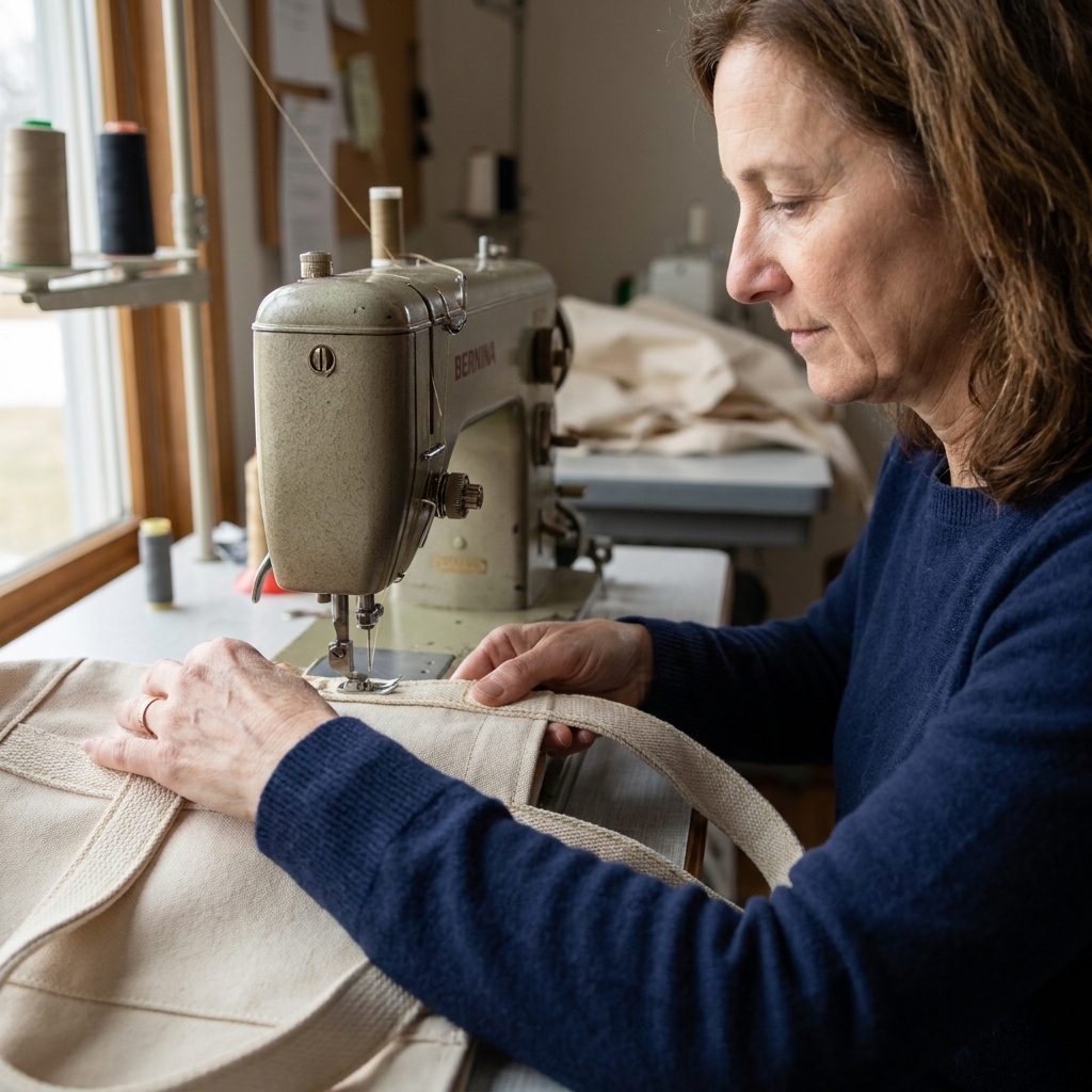 A tote bag top edge being topstitched on a sewing machine, with the strap area passing under the presser foot