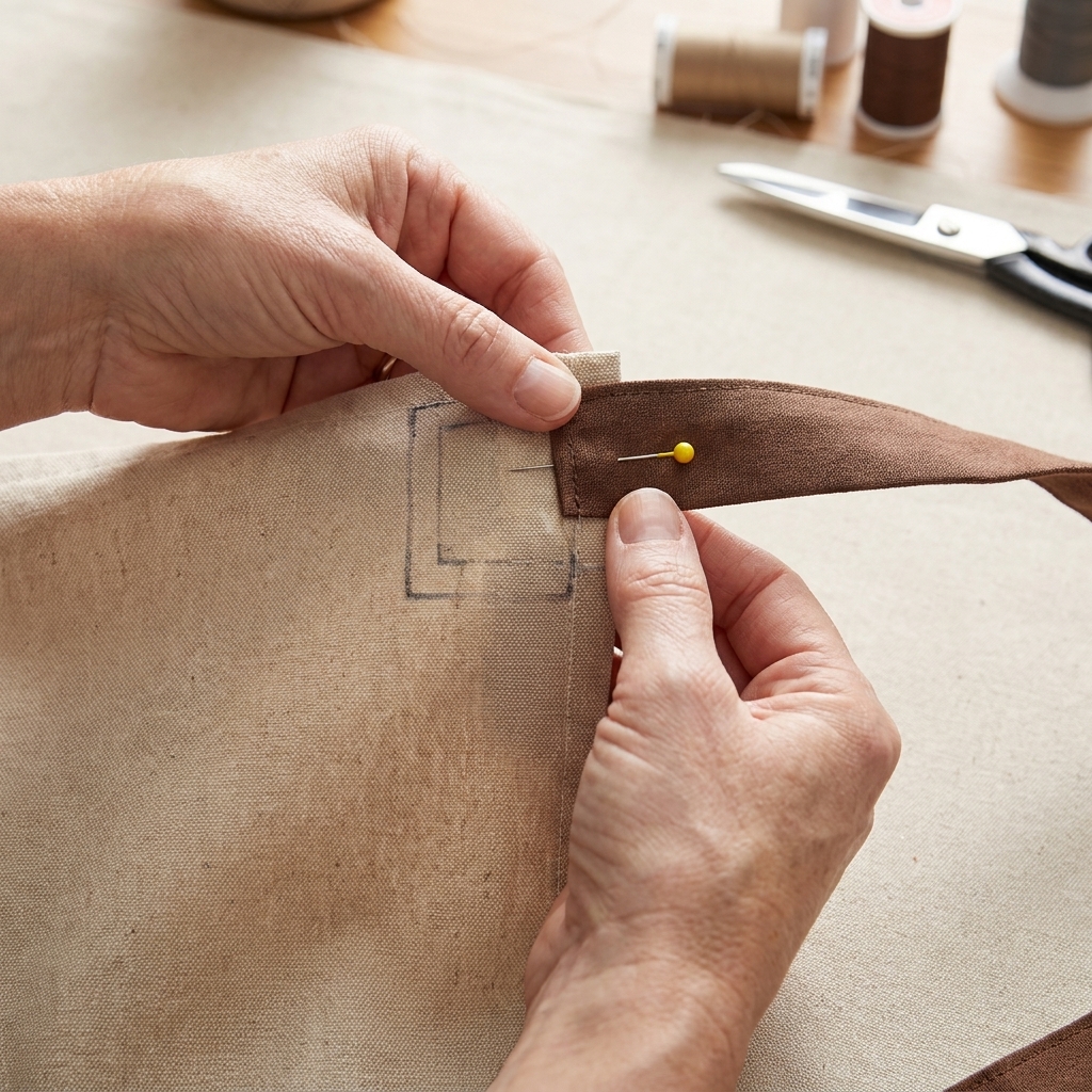 A waist tie pinned to the back top corner of an apron body, positioned to point outward before stitching a reinforced box stitch