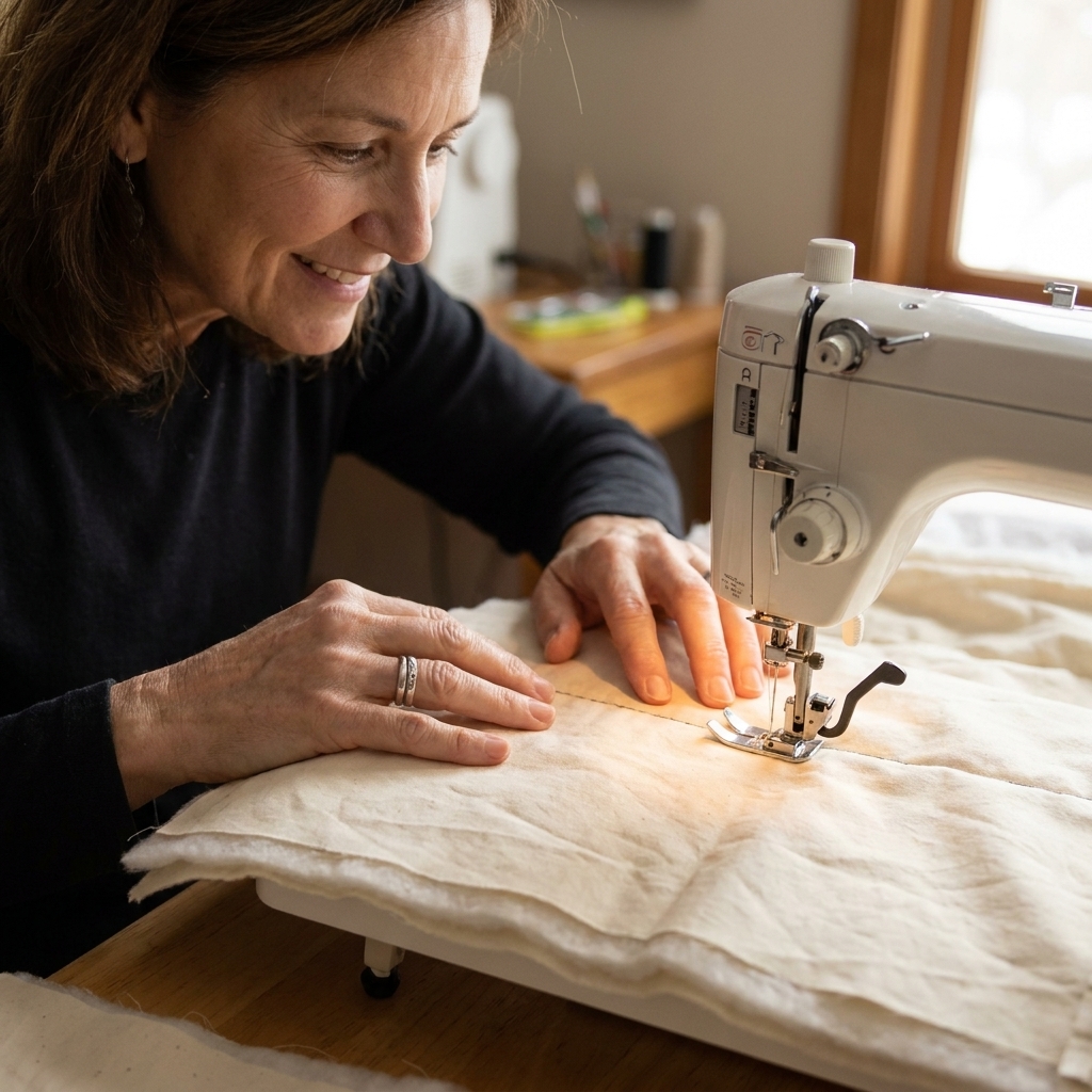 A walking foot on a sewing machine stitching through two layers of cotton fabric and batting, like a simple quilting sandwich