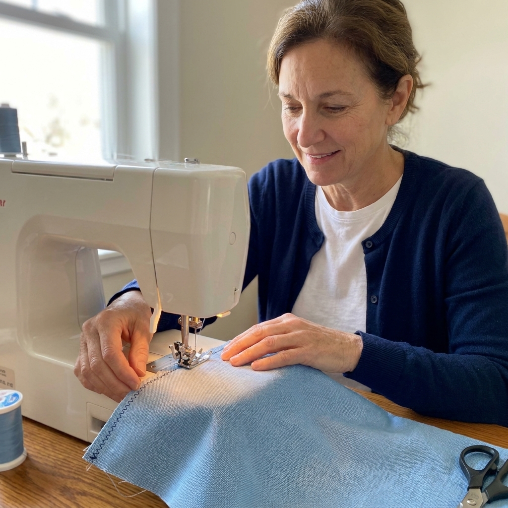 A zigzag stitch sewn along the raw edge of woven fabric to reduce fraying, with the fabric edge aligned near the presser foot