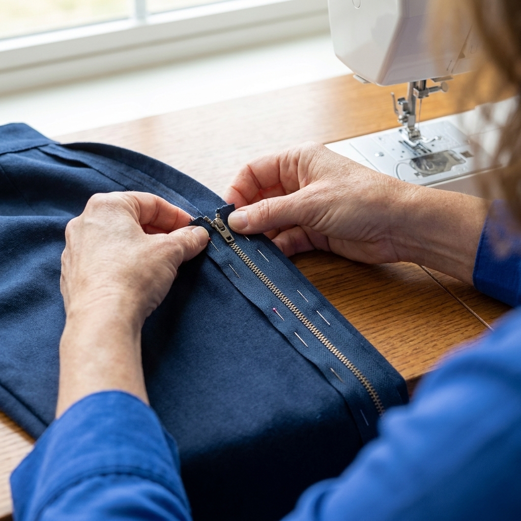 A zipper positioned under a pressed-open seam, pinned in place from the wrong side of the fabric