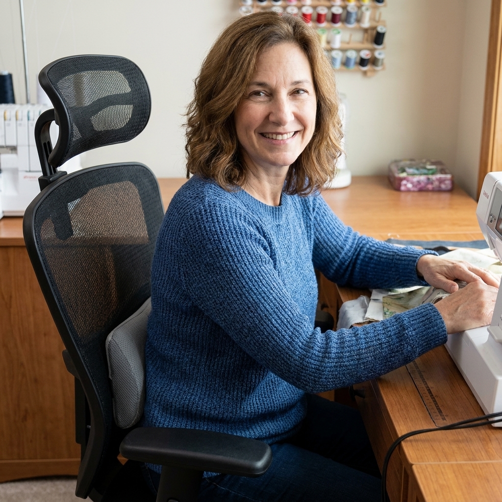 An adjustable office chair at a sewing desk with a small lumbar cushion placed at the lower back area