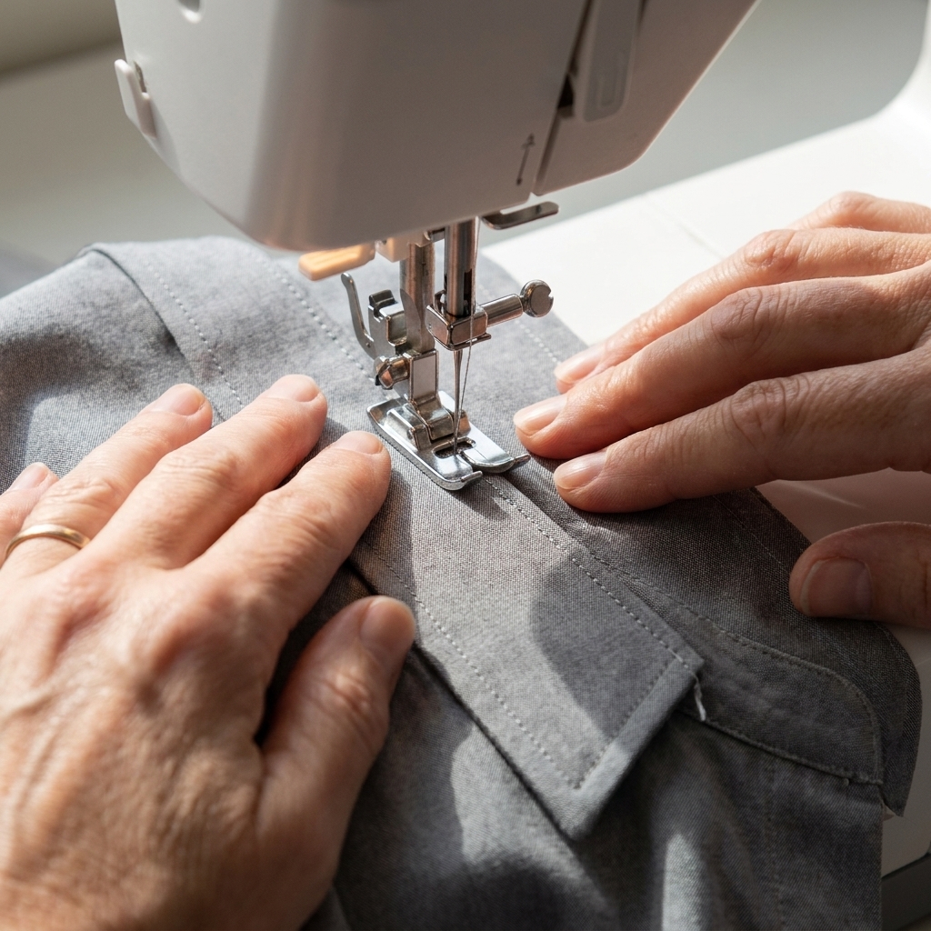 An edge stitch presser foot topstitching close to the edge of a pressed fabric collar, with the center guide running along the fold