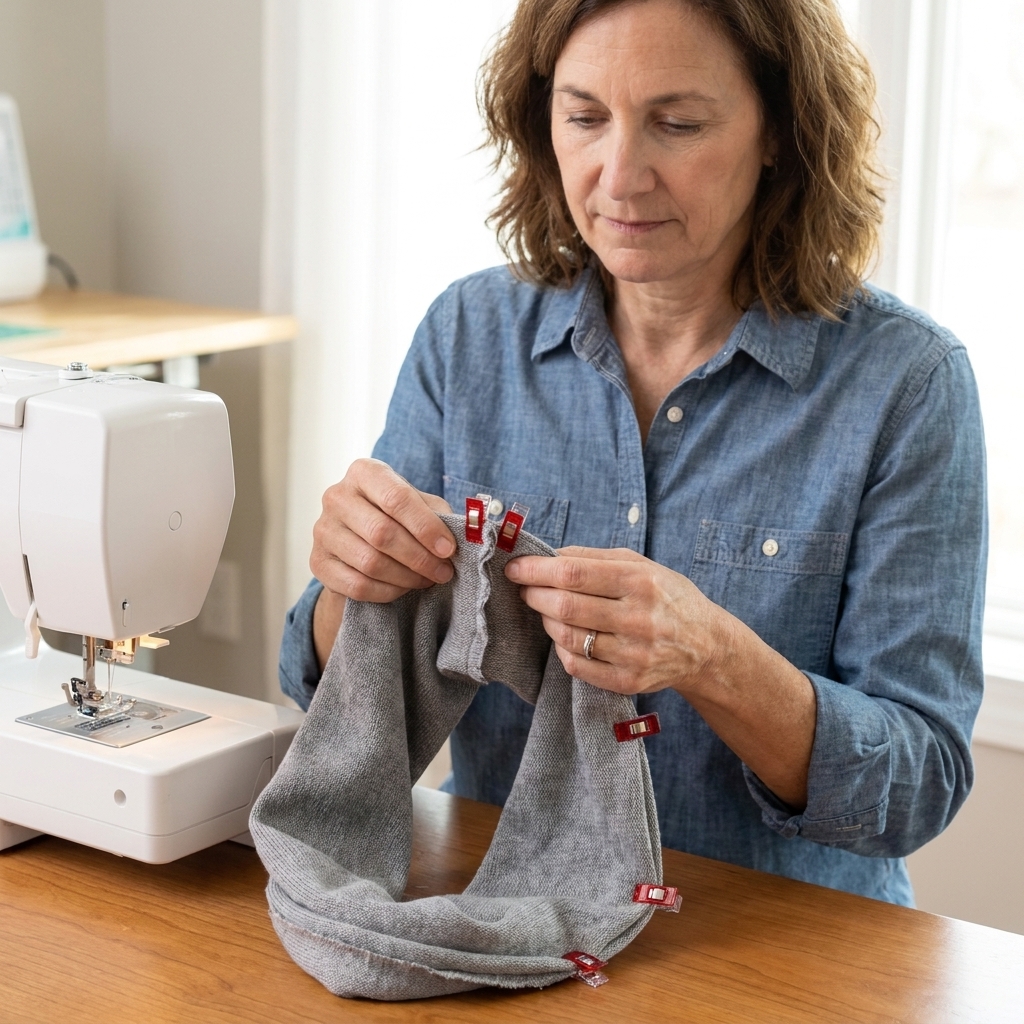 An infinity scarf tube with the two short ends nested together and clipped, ready to sew the final seam