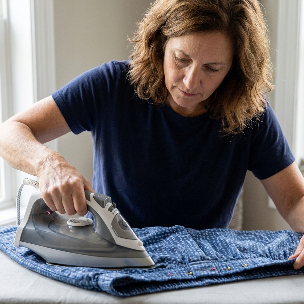An iron pressing the folded waistband casing on pajama pants fabric, with pins holding the fold in place