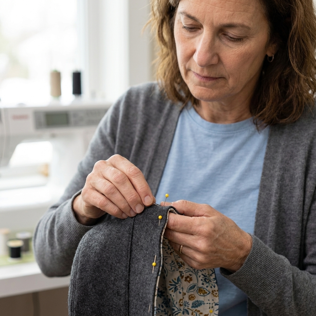An outer hat nested inside a lining hat with right sides together, brim outer edges aligned and pinned before stitching