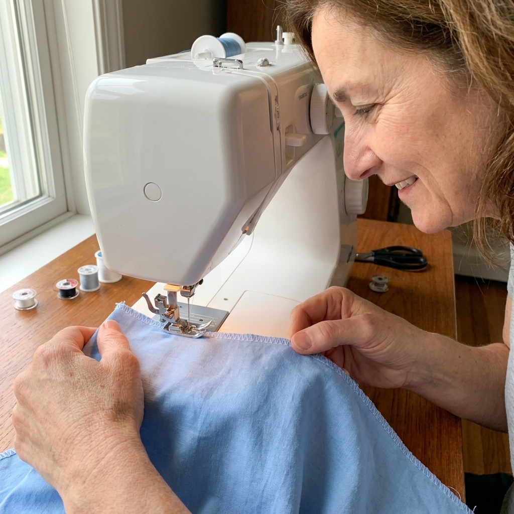 An overcasting presser foot sewing a zigzag edge finish along the raw edge of cotton fabric on a home sewing machine