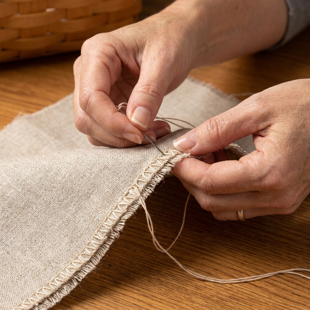 An overcasting stitch wrapping over the raw edge of a seam allowance on woven fabric, showing thread loops along the edge
