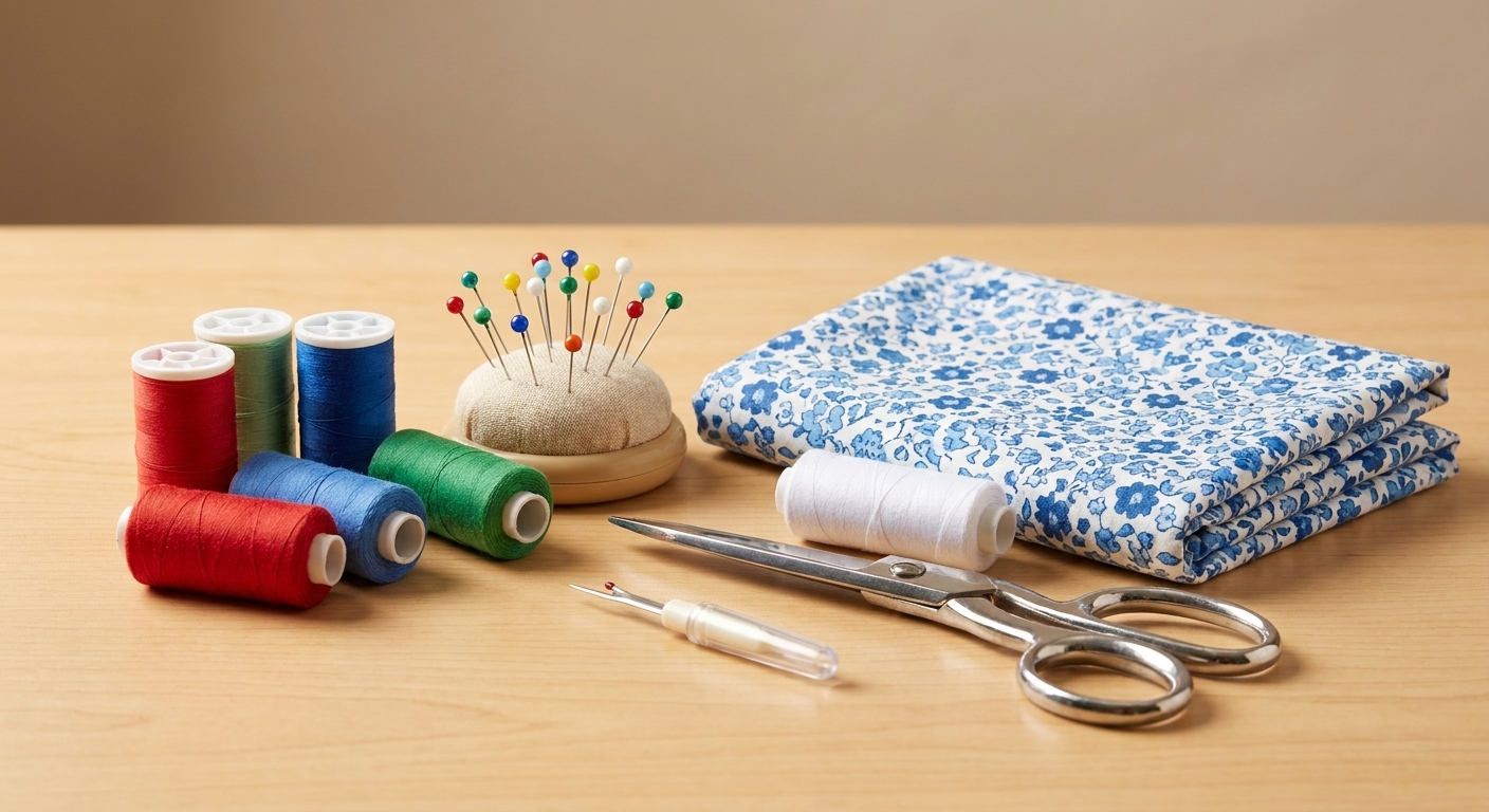 Basic sewing supplies laid out neatly on a table, including thread spools, straight pins, fabric scissors, a seam ripper, and a small piece of cotton fabric