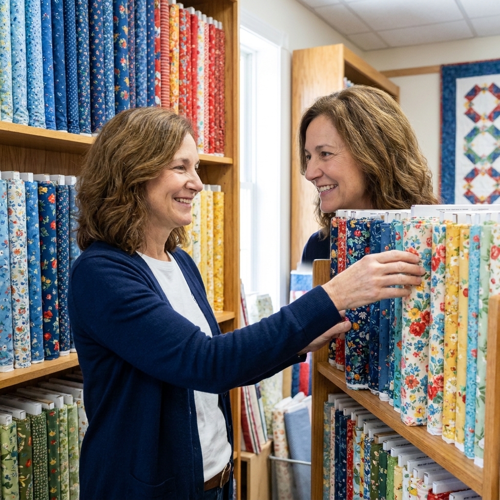 Bolts of colorful quilting cotton lined up on shelves in a fabric store with patterns clearly visible