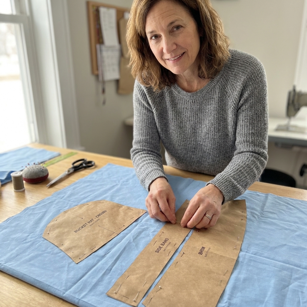 Bucket hat paper pattern pieces for crown, side band, and brim laid out on fabric with pins holding them in place before cutting