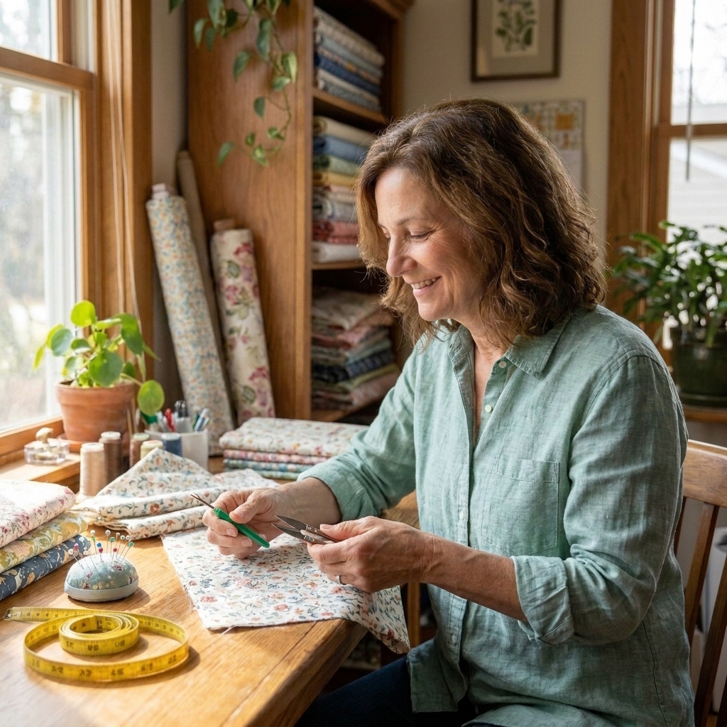 Clara Jenkins holding a seam ripper and thread snips at a sewing table with fabric, pins, and a measuring tape nearby
