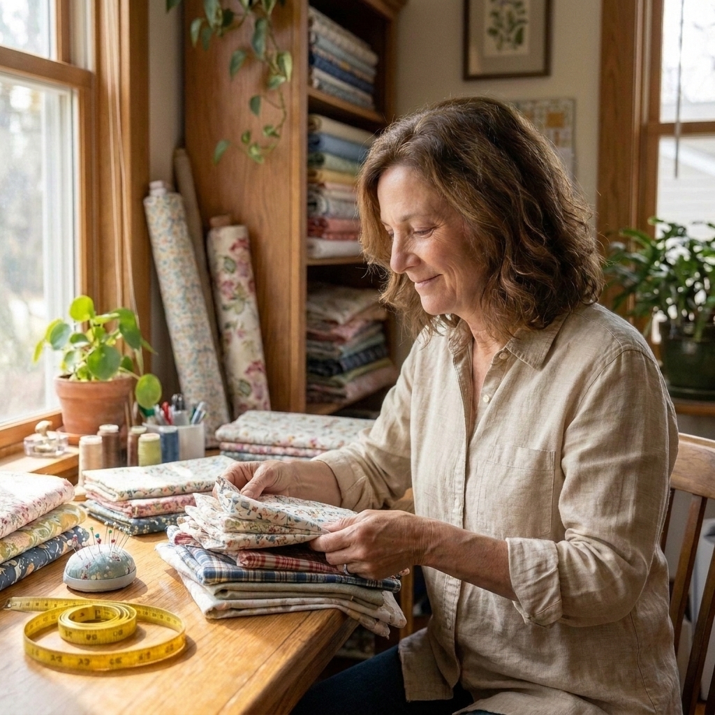 Clara Jenkins sorting folded thrifted fabric on a wooden table with soft natural light coming through a nearby window