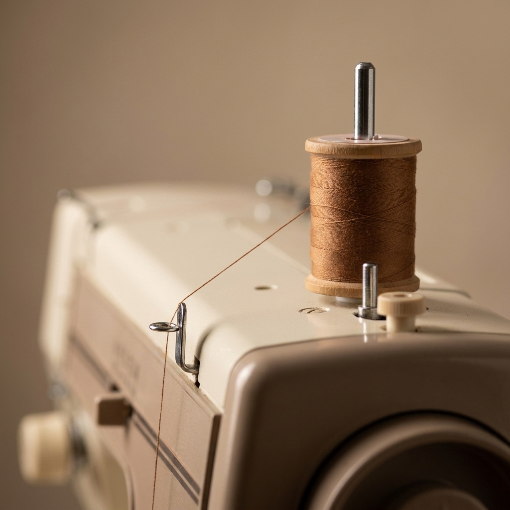 Close-up photo of a sewing machine spool pin with a spool of thread and a spool cap installed, with the thread leading toward the first thread guide