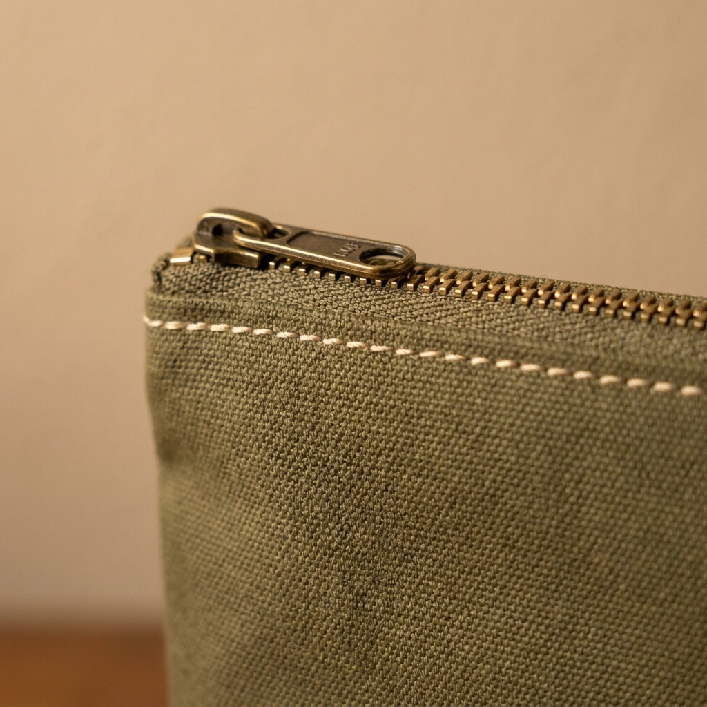 Close view of neat topstitching along the edge of a zipper on a small pouch panel
