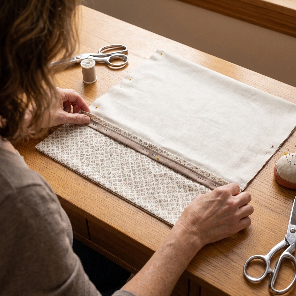 Cuff fabric laid flat on a table with a narrow trim strip aligned along the top edge and the main pillowcase fabric placed right side down on top, edges lined up