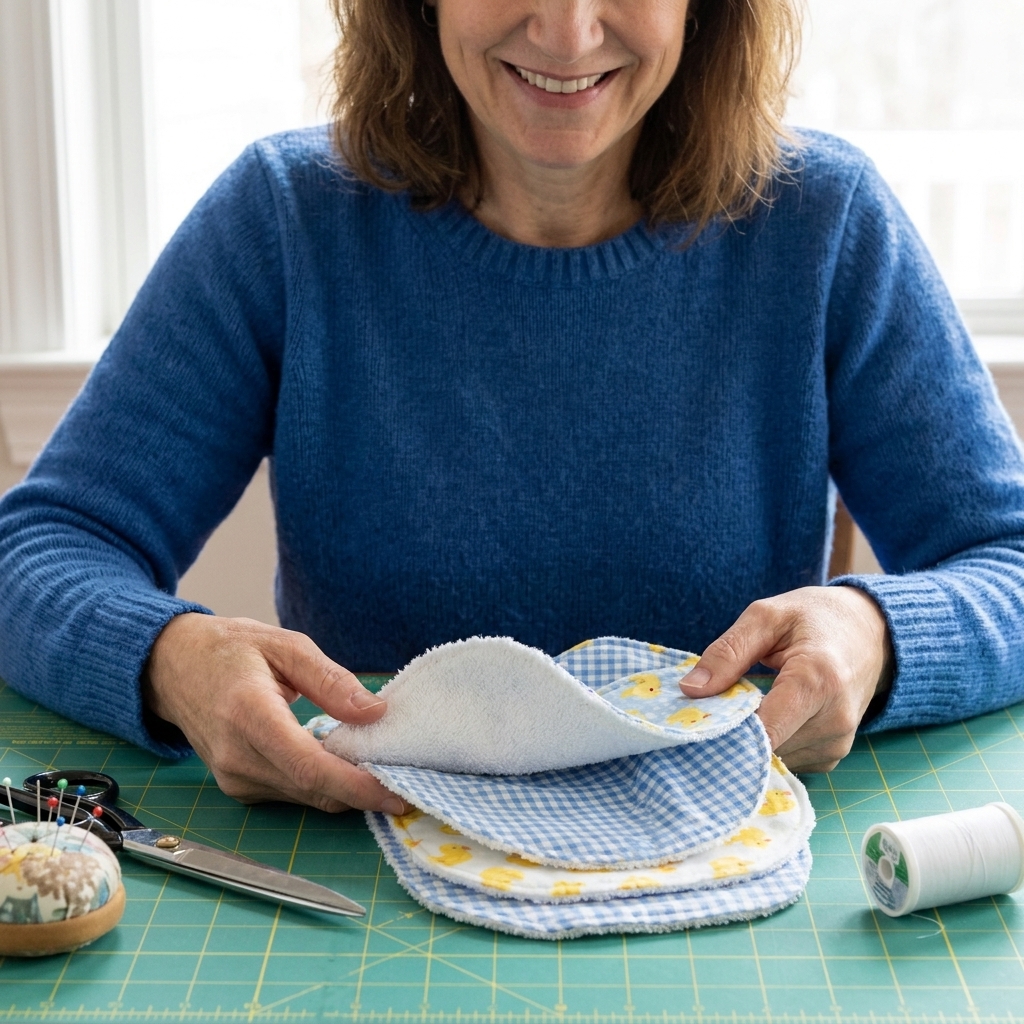 Cut baby bib fabric pieces stacked neatly with one absorbent terry cloth layer and two cotton layers on a sewing mat