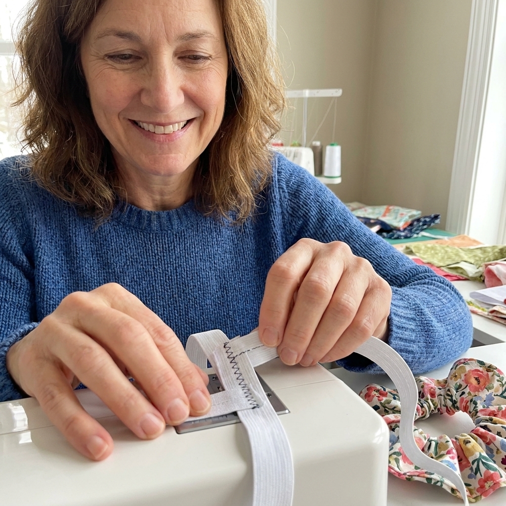 Elastic ends overlapped and stitched together securely on a sewing machine before being tucked back into the scrunchie casing