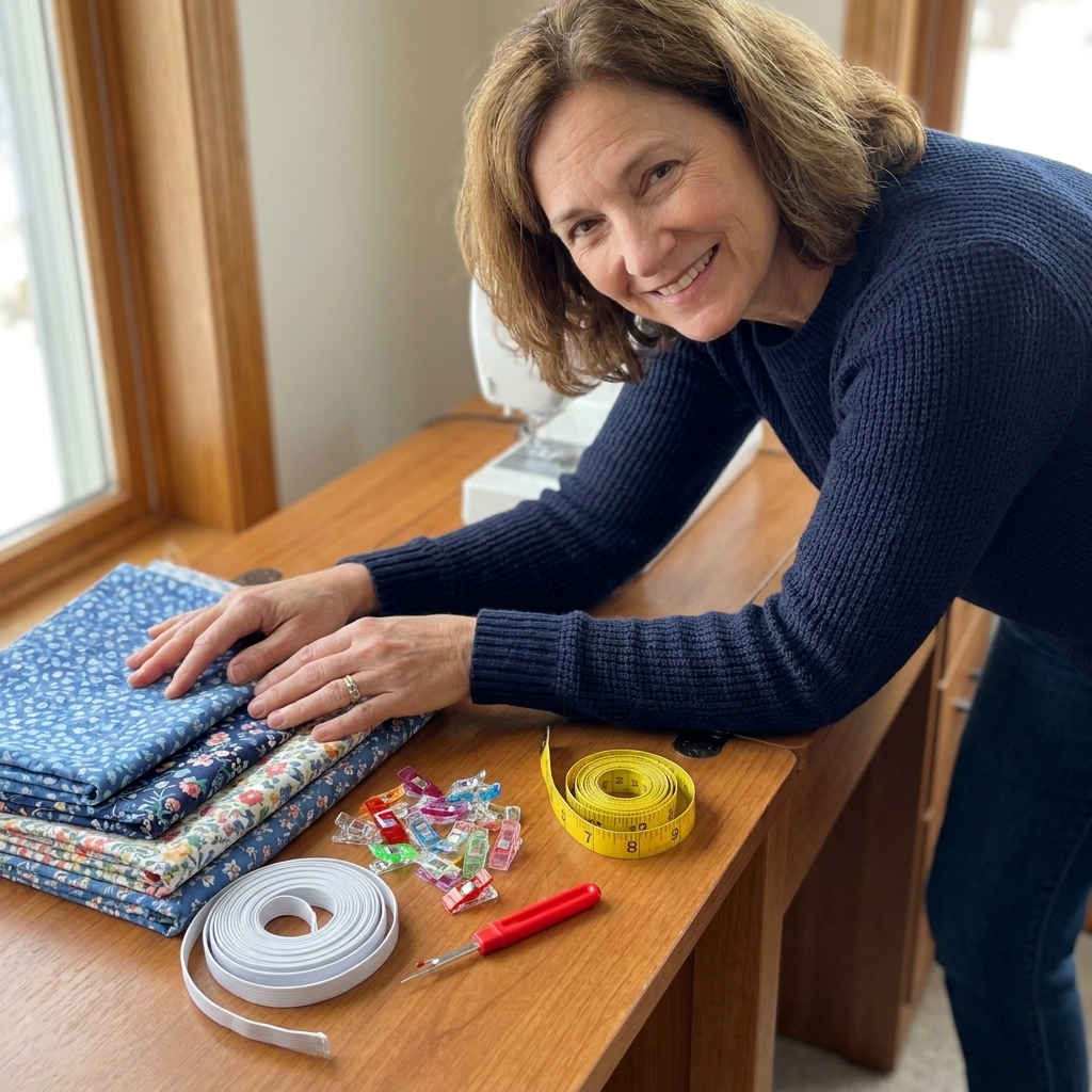 Elastic, sewing clips, a seam ripper, and a measuring tape arranged next to folded cotton fabric on a sewing desk