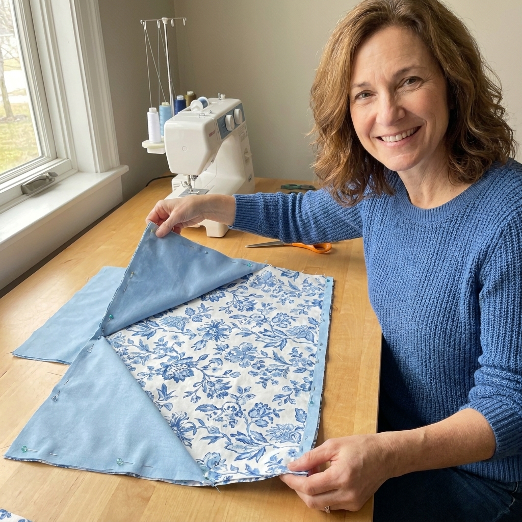 Fabric pieces layered for an envelope pillow cover, showing the front piece and two overlapping back panels pinned around the edges