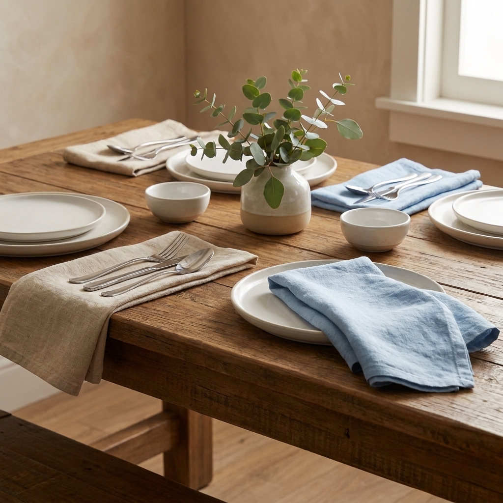 Four finished cloth napkins in soft linen fabric placed beside plates on a simple dining table setting