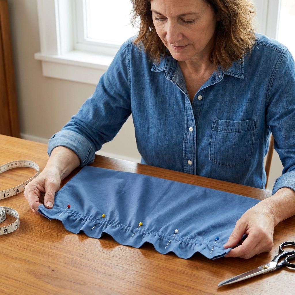Gathered fabric laid flat on a table, with pins marking quarter points and the gathers spread evenly between the pins