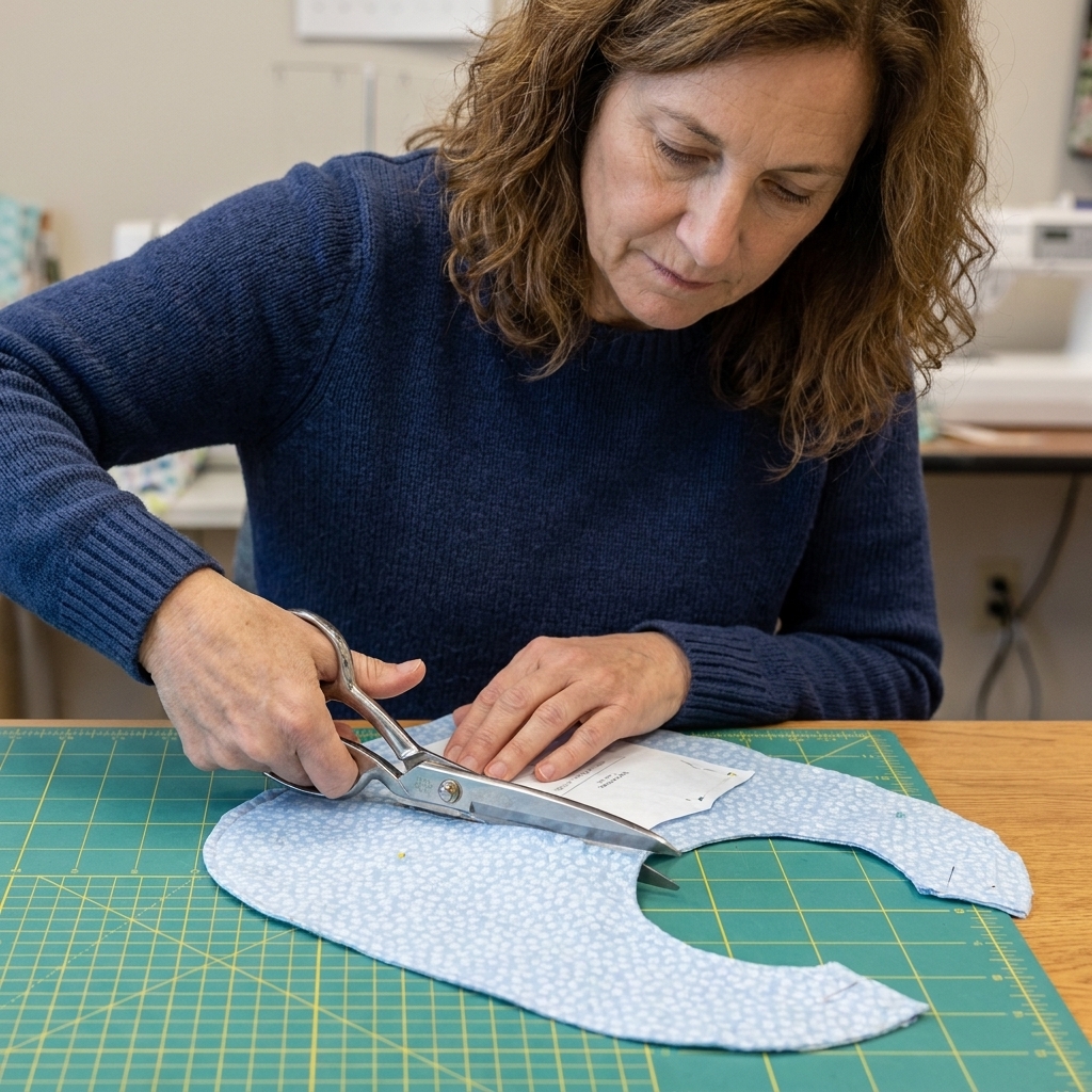 Hands cutting a baby bib shape from cotton fabric with fabric shears on a gridded cutting mat