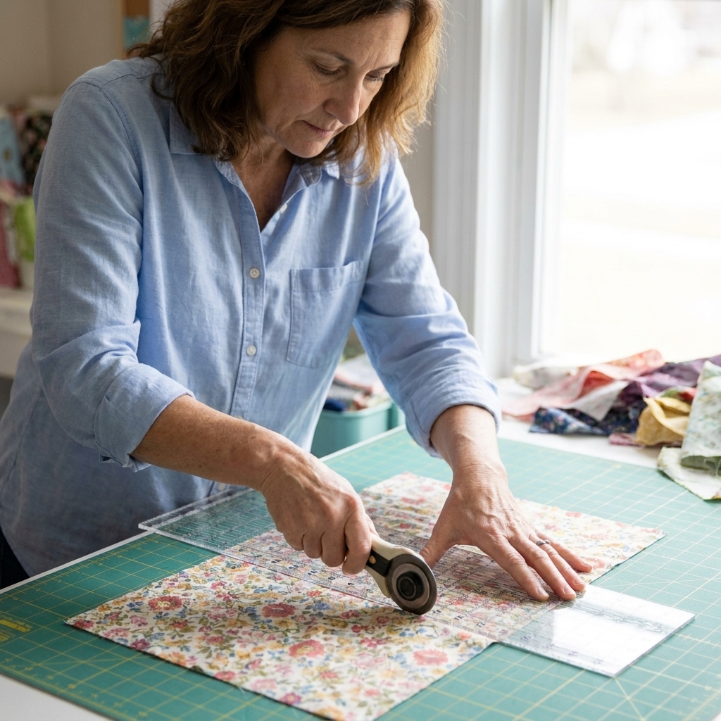 Hands cutting cotton fabric with a rotary cutter on a self-healing mat, with a clear quilting ruler aligned along the edge