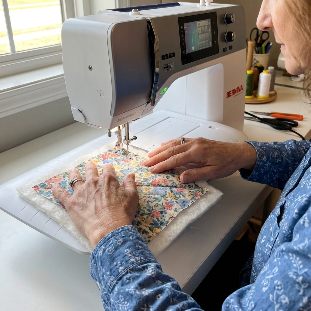 Hands guiding a fabric and cotton batting square under a sewing machine needle while stitching a diagonal quilting line