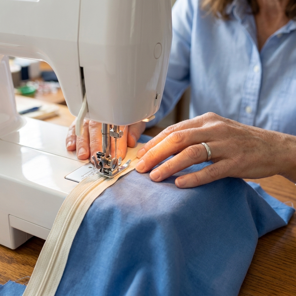 Hands guiding a fabric and zipper sandwich under a sewing machine presser foot while stitching close to the zipper teeth