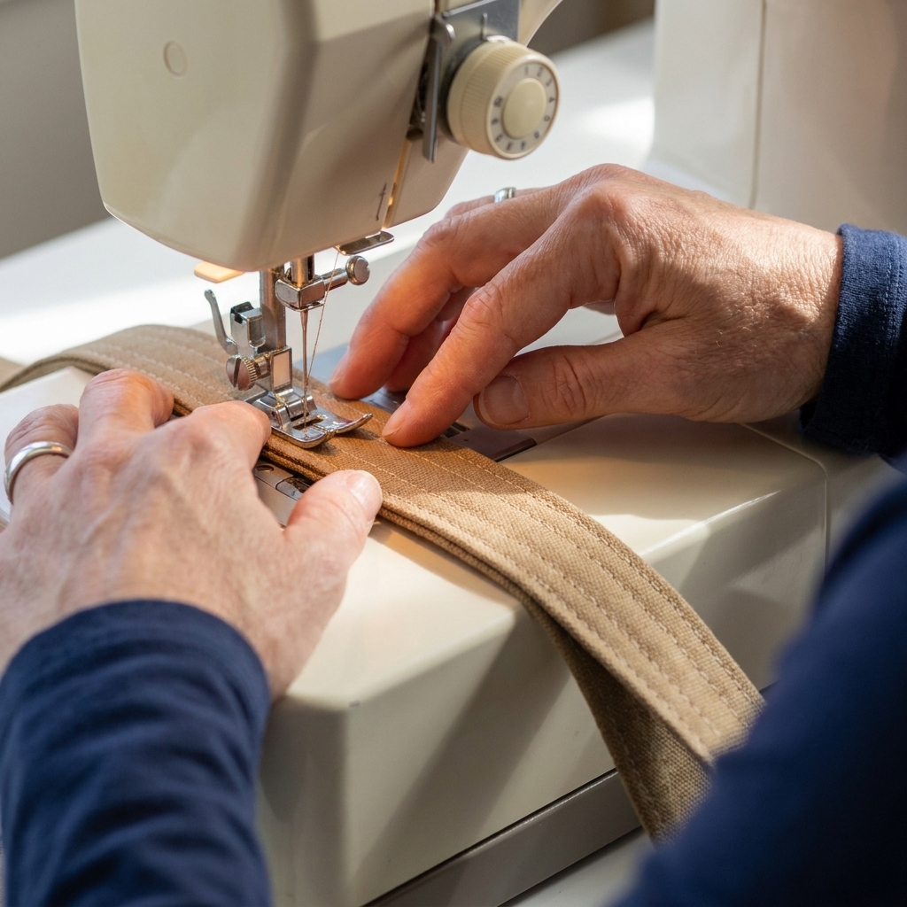 Hands guiding a folded fabric strap under a sewing machine presser foot, with neat parallel topstitching visible