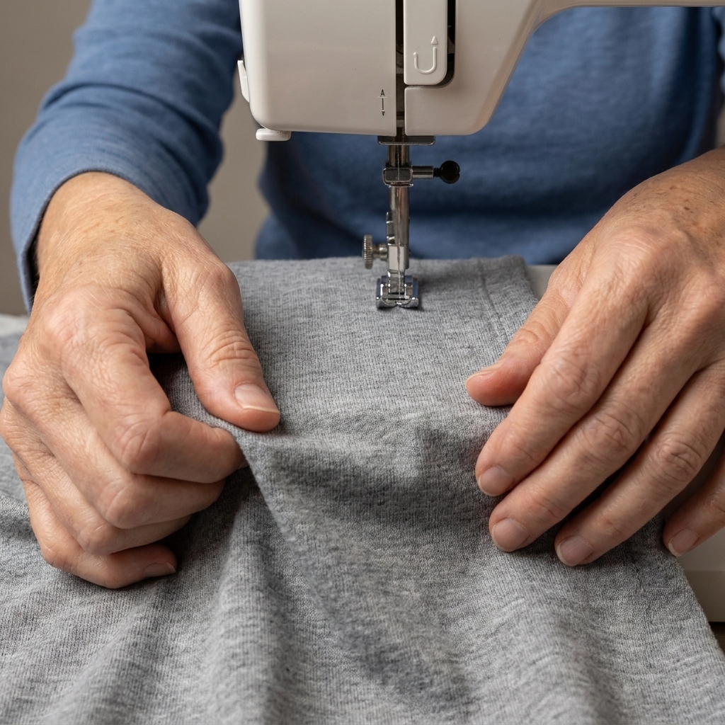 Hands guiding a piece of jersey knit fabric under a sewing machine presser foot as the fabric slightly stretches