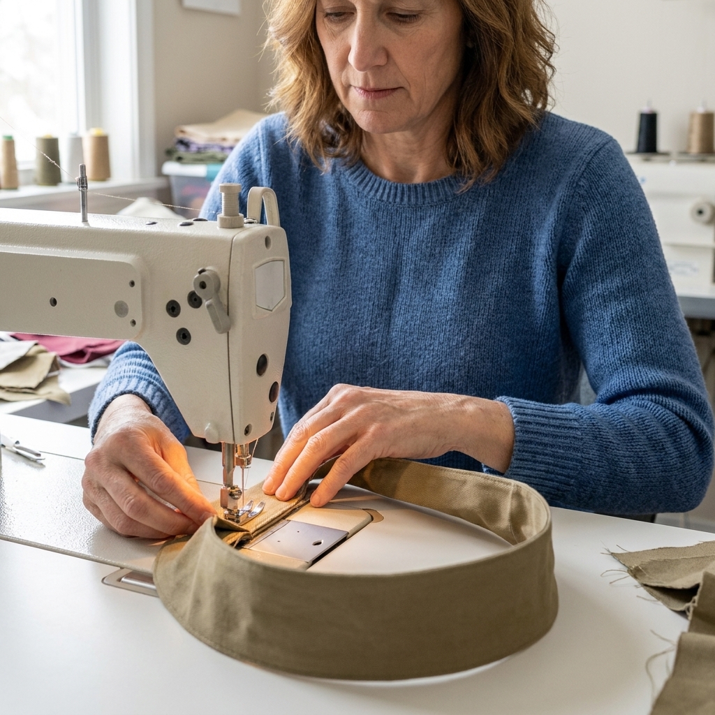Hands guiding a short seam on a bucket hat side band at a sewing machine, forming the band into a loop