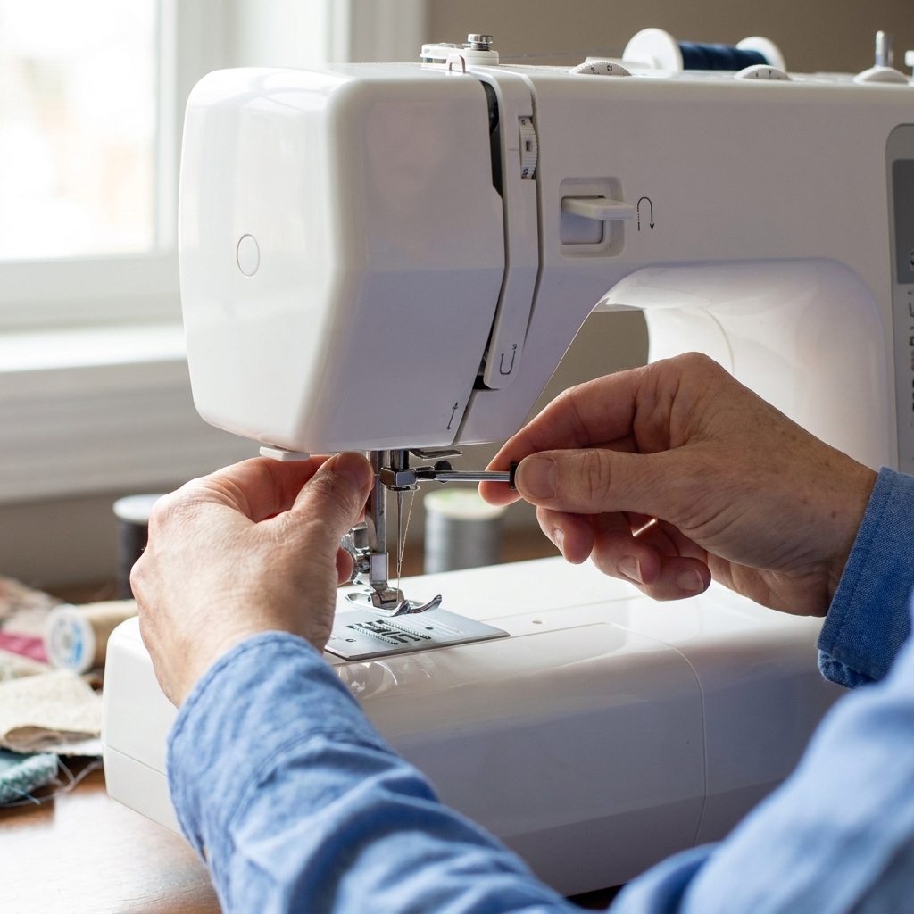 Hands loosening the needle clamp screw on a home sewing machine while holding the needle in place, with the presser foot raised