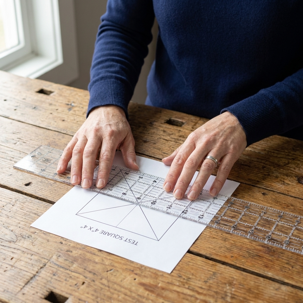 Hands measuring a printed PDF pattern test square with a clear quilting ruler on a wooden table