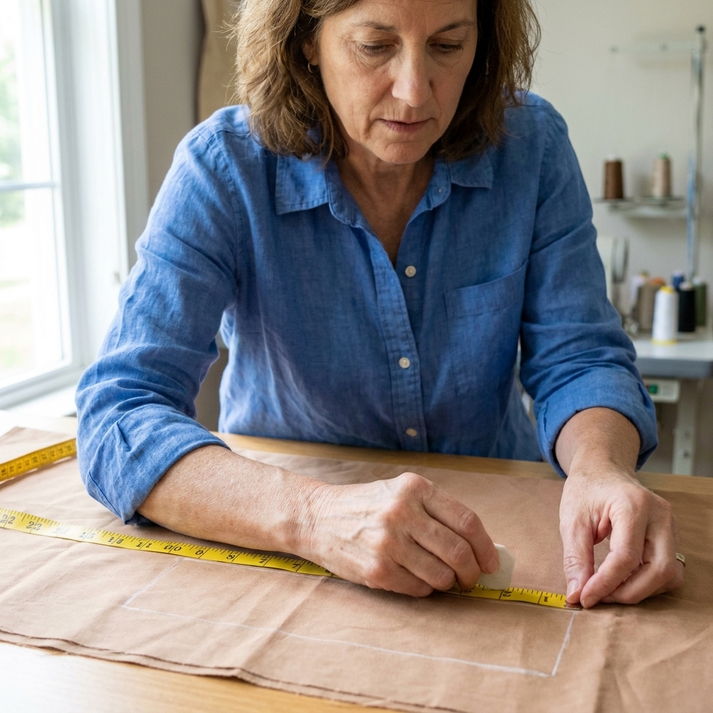Hands measuring and marking a rectangle on cotton fabric laid flat with a measuring tape and tailor's chalk