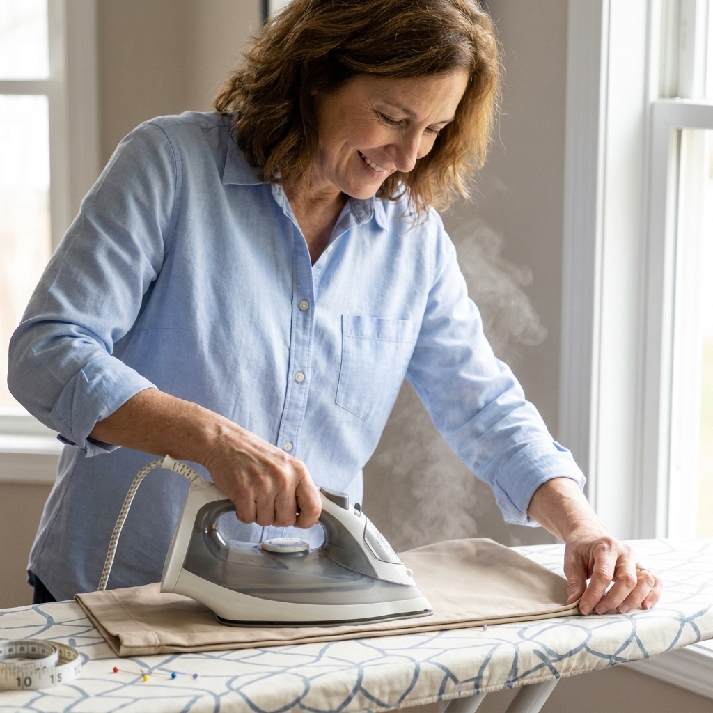 Hands pressing a folded fabric hem with a steam iron on an ironing board, with pins nearby and the fabric edge neatly aligned