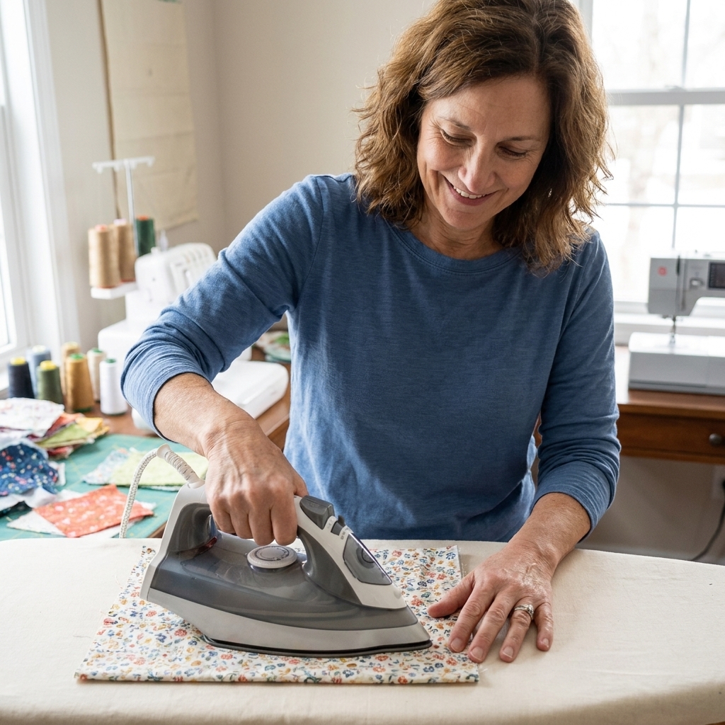 Hands pressing a rectangular piece of cotton fabric with an iron on an ironing board, preparing it for sewing