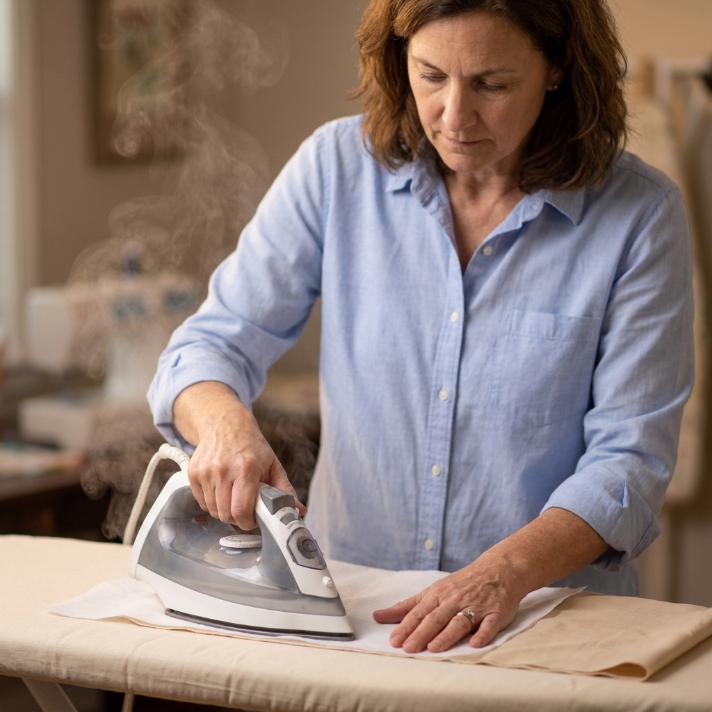 Hands pressing fusible interfacing onto cotton fabric with a household iron on an ironing board, with steam rising slightly